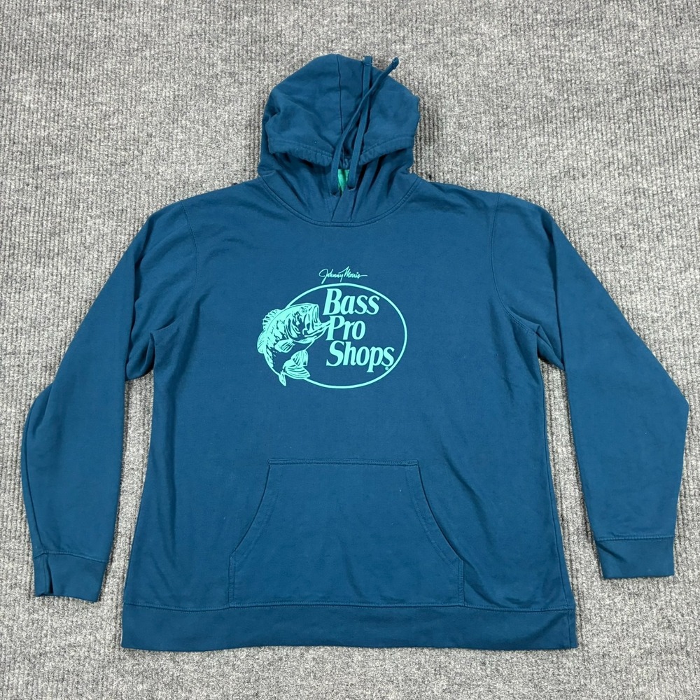 Bass Pro Shops Johnny Morris Mens XL Blue Pullover Hoodie Fish Logo Sweatshirt